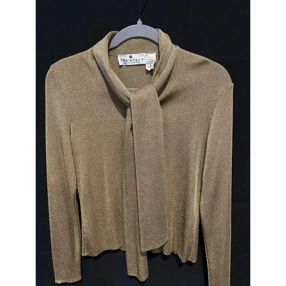 The Works Saks Fifth Avenue Sweaters - Saks Vintage Works Gold Metallic Cardigan w/tie collar Sz Sm
